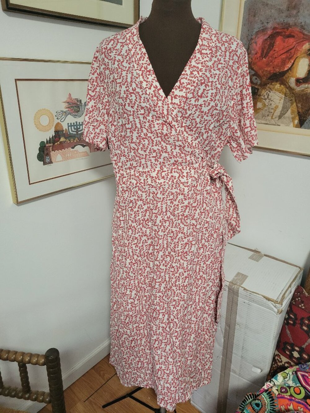 land's End Wrap Dress Red leaves on White Size L